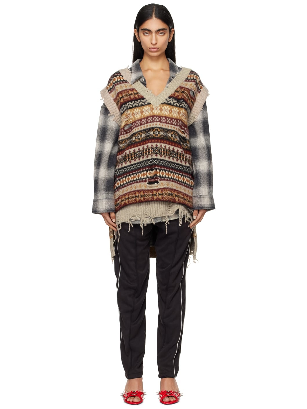 doublet Beige Oversized Fair-Isle Knit Vest | REVERSIBLE