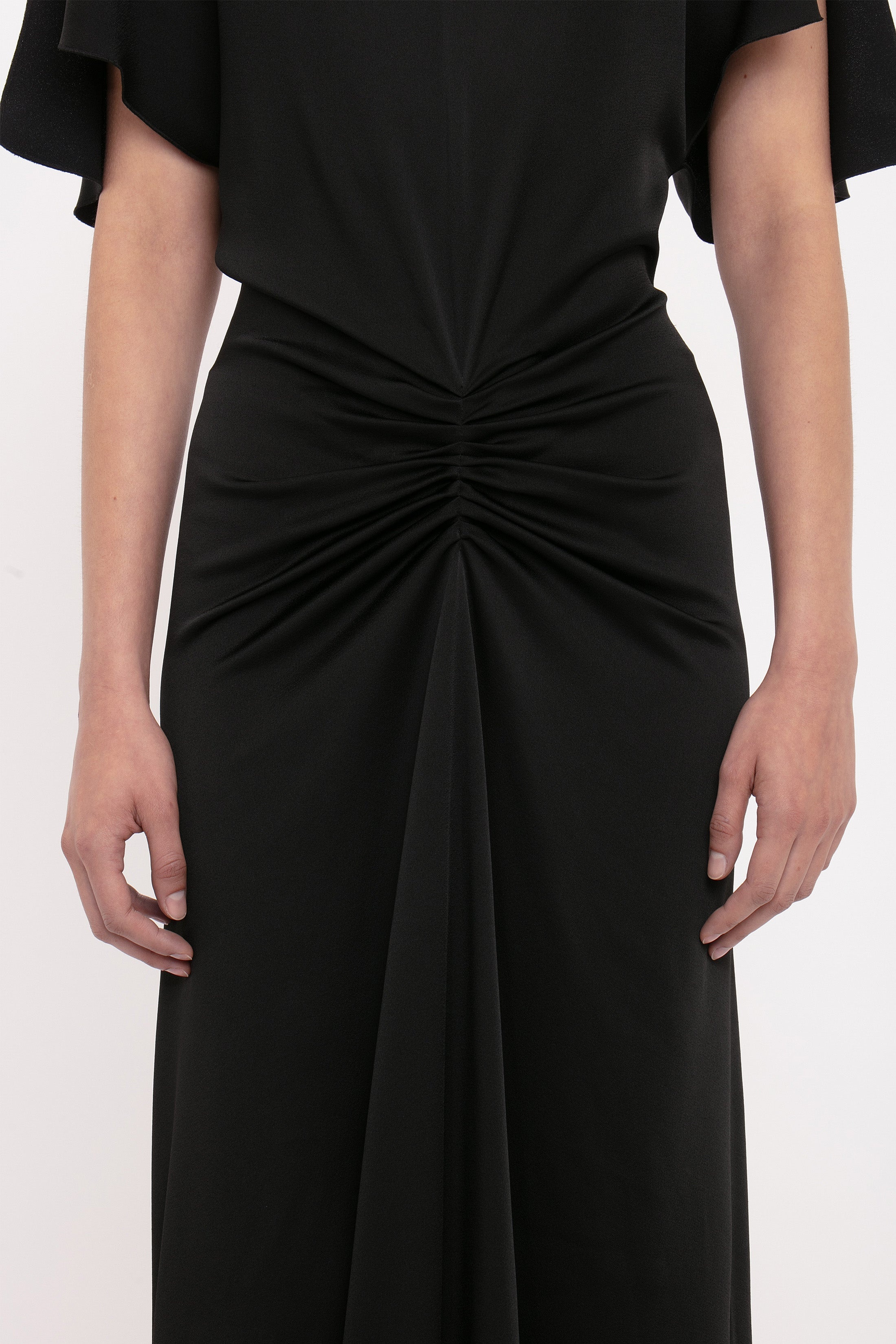 Gathered Waist Floor-Length Dress In Black - 6