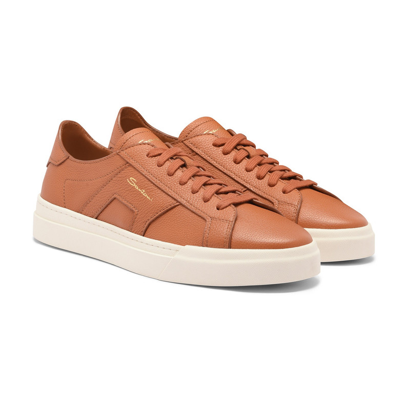 Santoni Men's orange tumbled leather Double Buckle Sneaker outlook