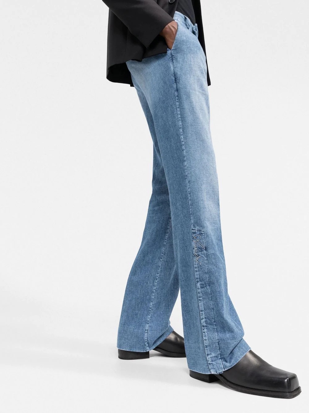 logo-embroidered kick-flare chambray jeans - 3