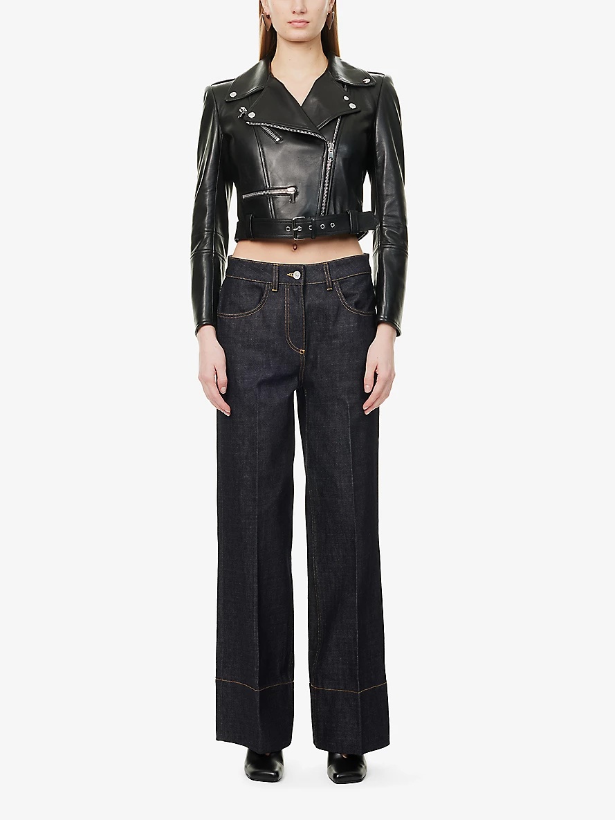 Cropped Biker-Collar Slim-Fit Leather Jacket - 2