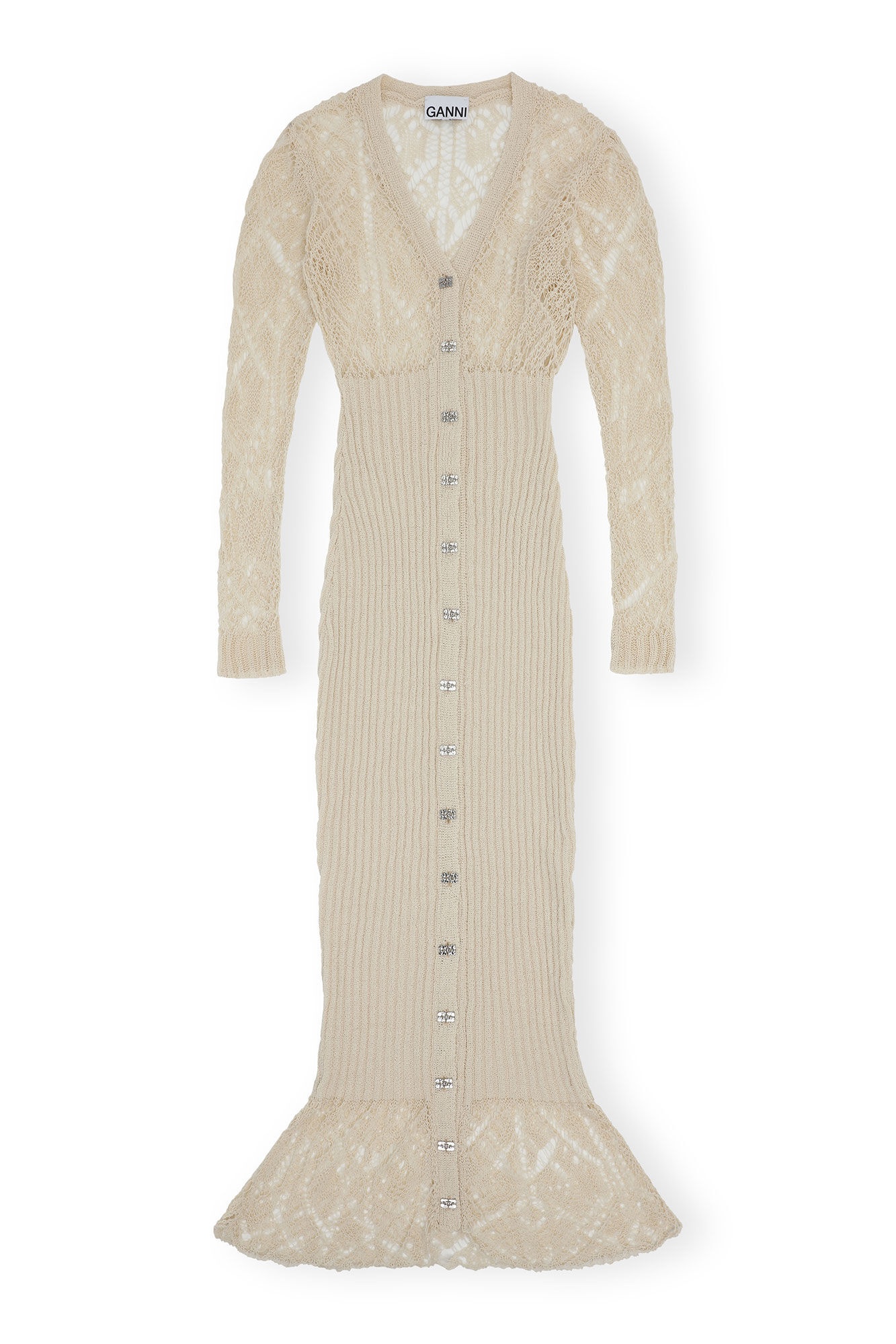 BEIGE COTTON LACE BUTTON DOWN MAXI DRESS - 6