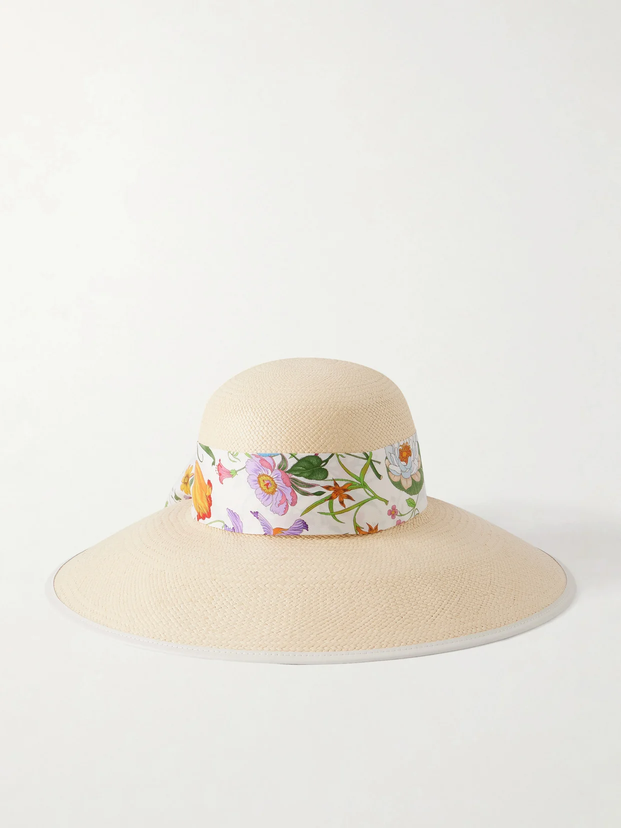 Beverlie Floral-print Silk And Leather-trimmed Straw Hat - 1