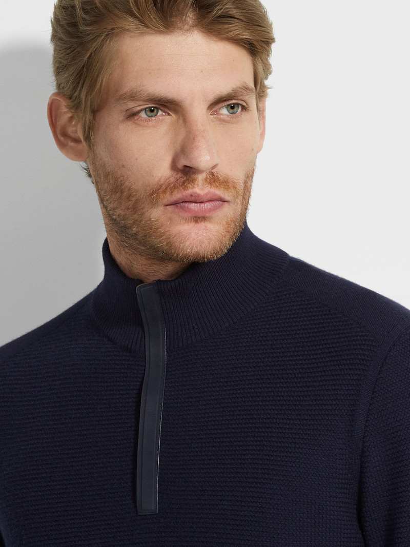ZEGNA NAVY BLUE VELLUS AUREUM ZIP MOCK NECK outlook