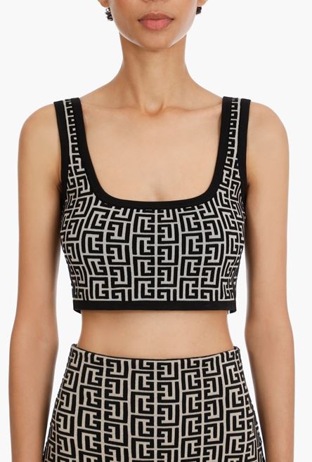 Cropped bicolor jacquard sports bra top with Balmain monogram - 5