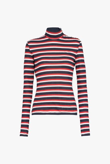 Navy blue and red nautical turtleneck sweater with gold-tone buttons - 1