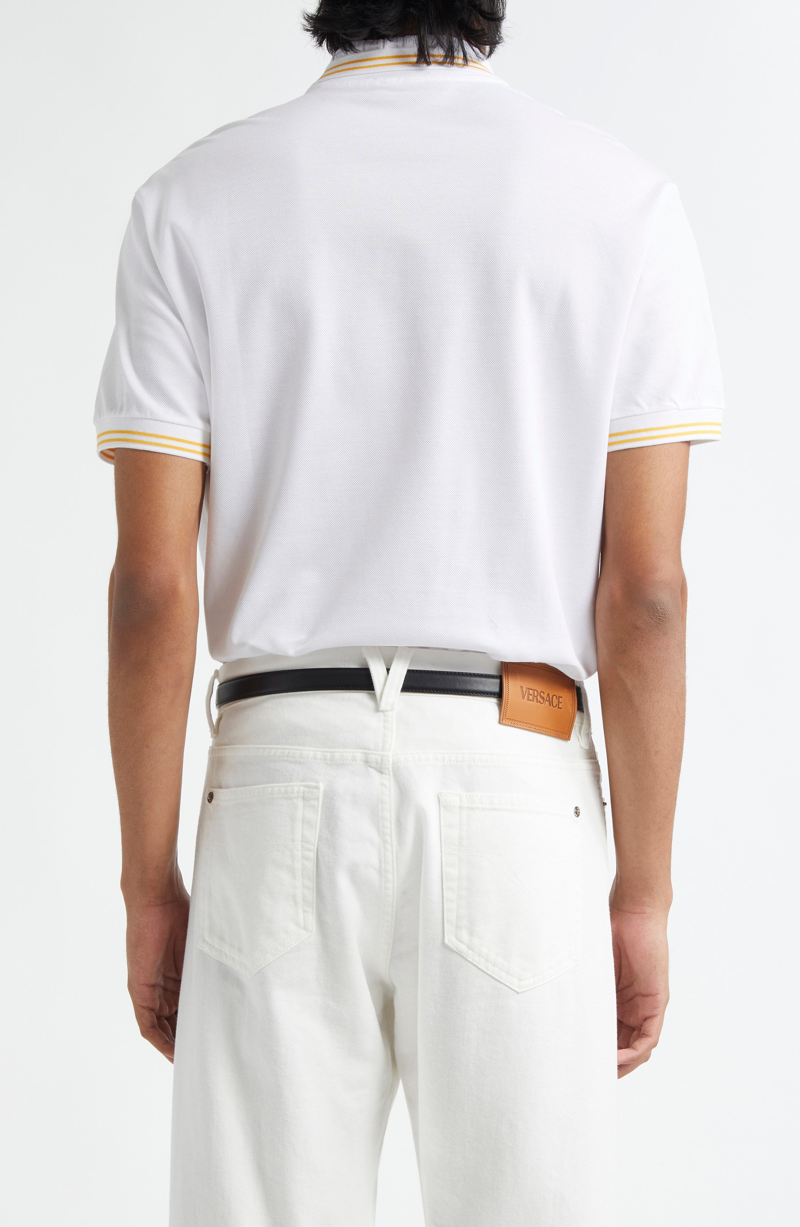 Versace Tipped Embroidered Medusa Cotton Piqué Polo in Optical White at Nordstrom - 3