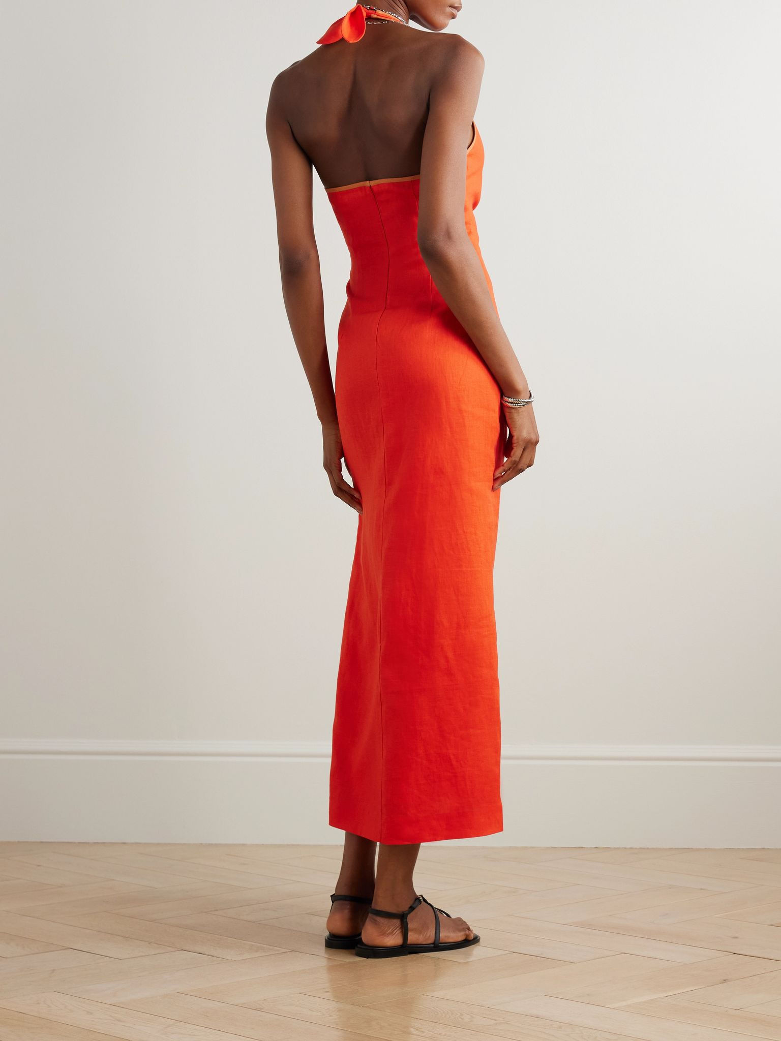 Panettone wrap-effect linen halterneck midi dress Orange - 3