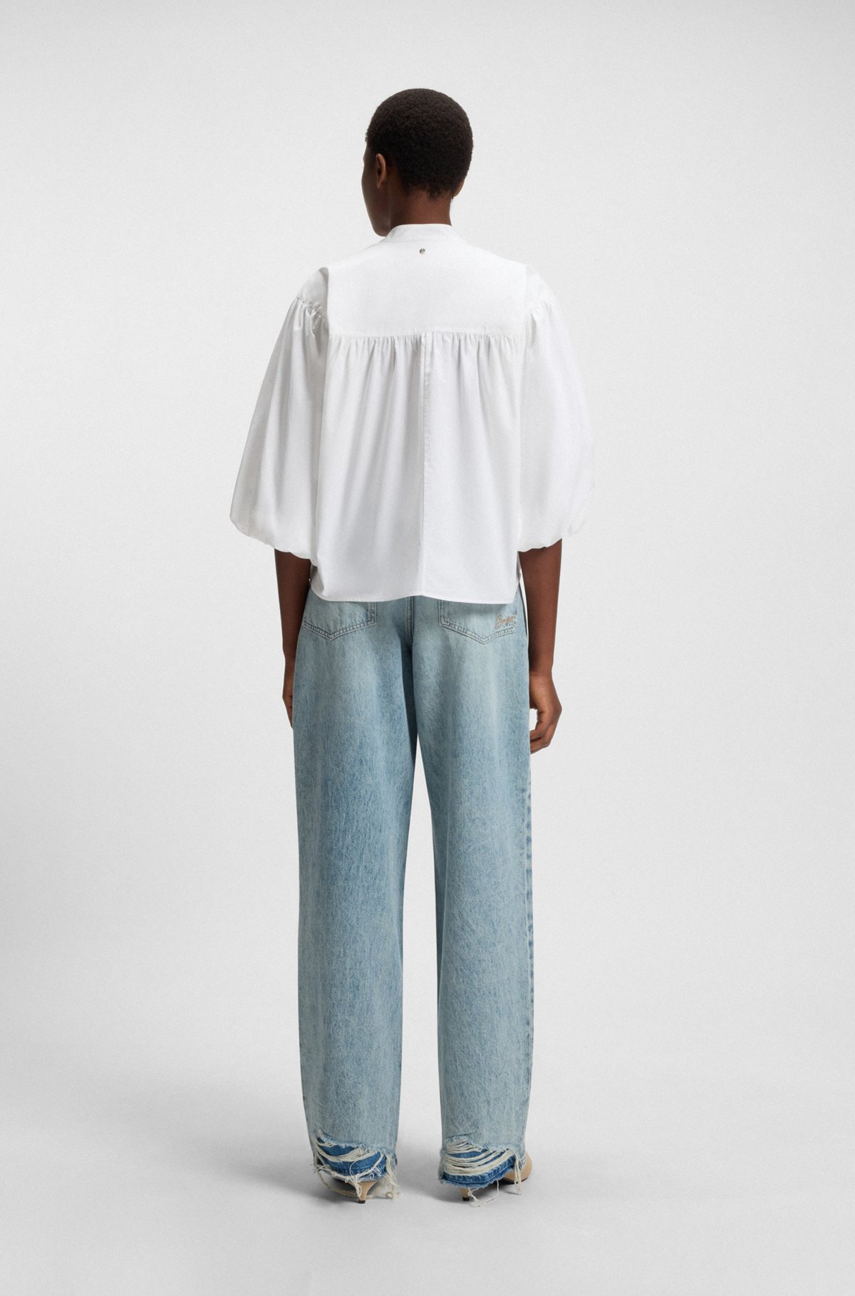 RELAXED-FIT BLOUSE IN COTTON POPLIN WITH TIE NECKLINE - 5