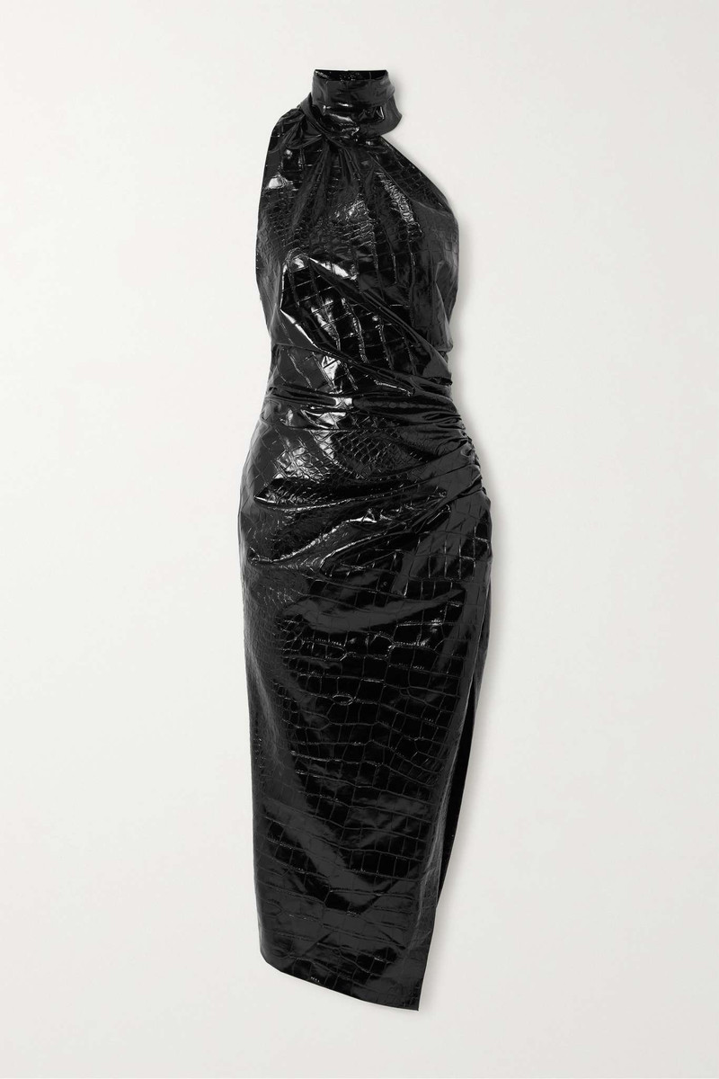 Ruched croc-effect vinyl halterneck midi dress - 1