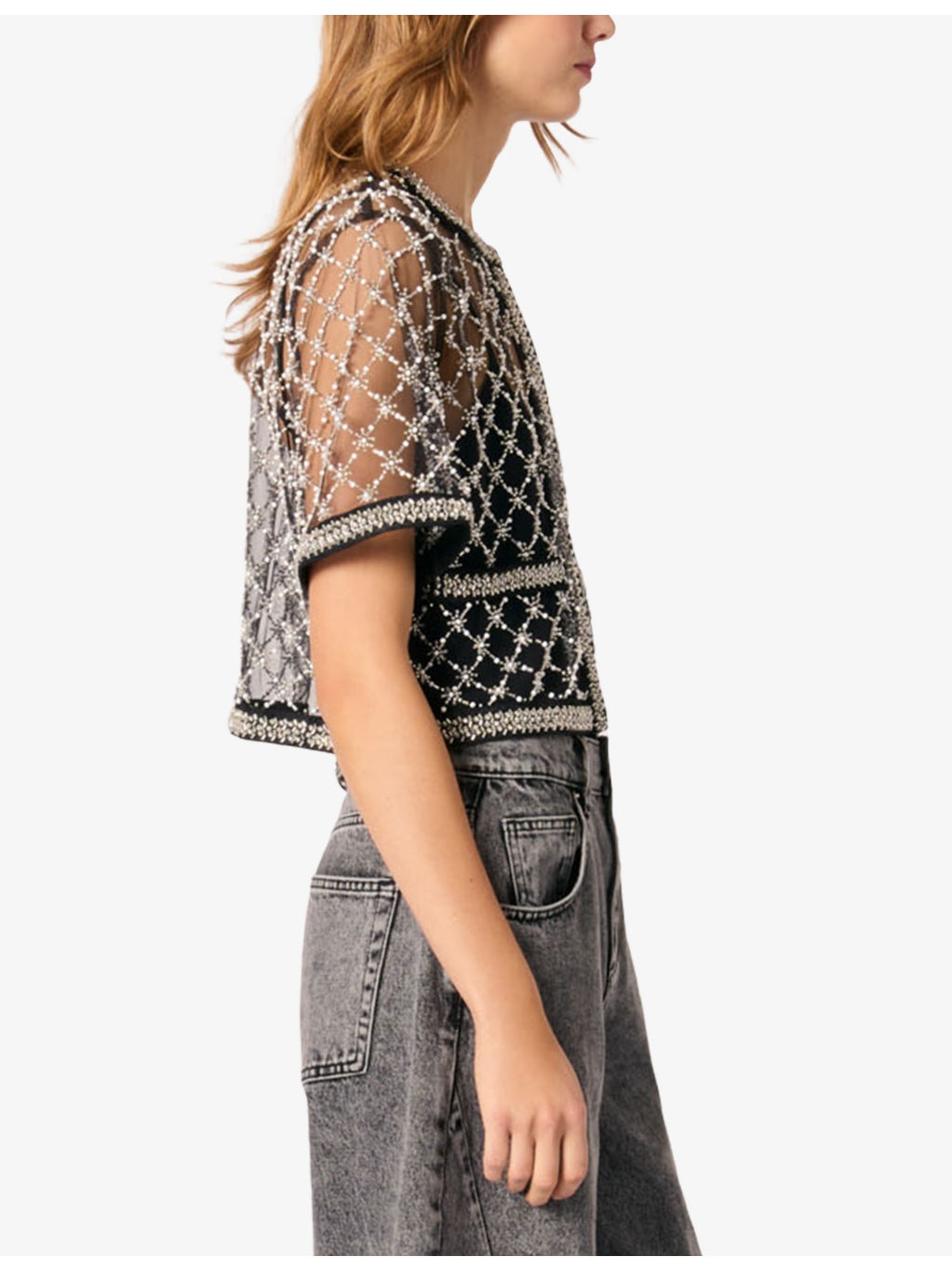 Bead-Embroidered Short-Sleeve Tulle Top - 3