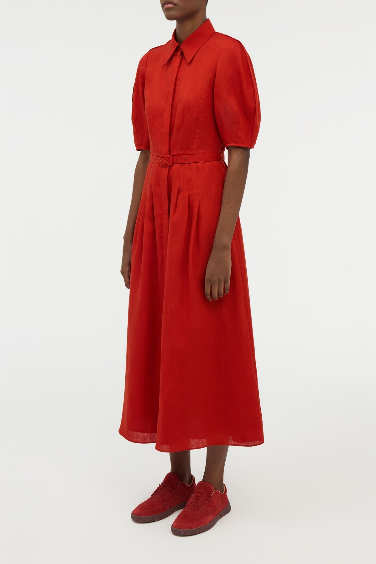 Maude Pleated Midi Shirtdress in Antelope Orange Aloe Linen - 3