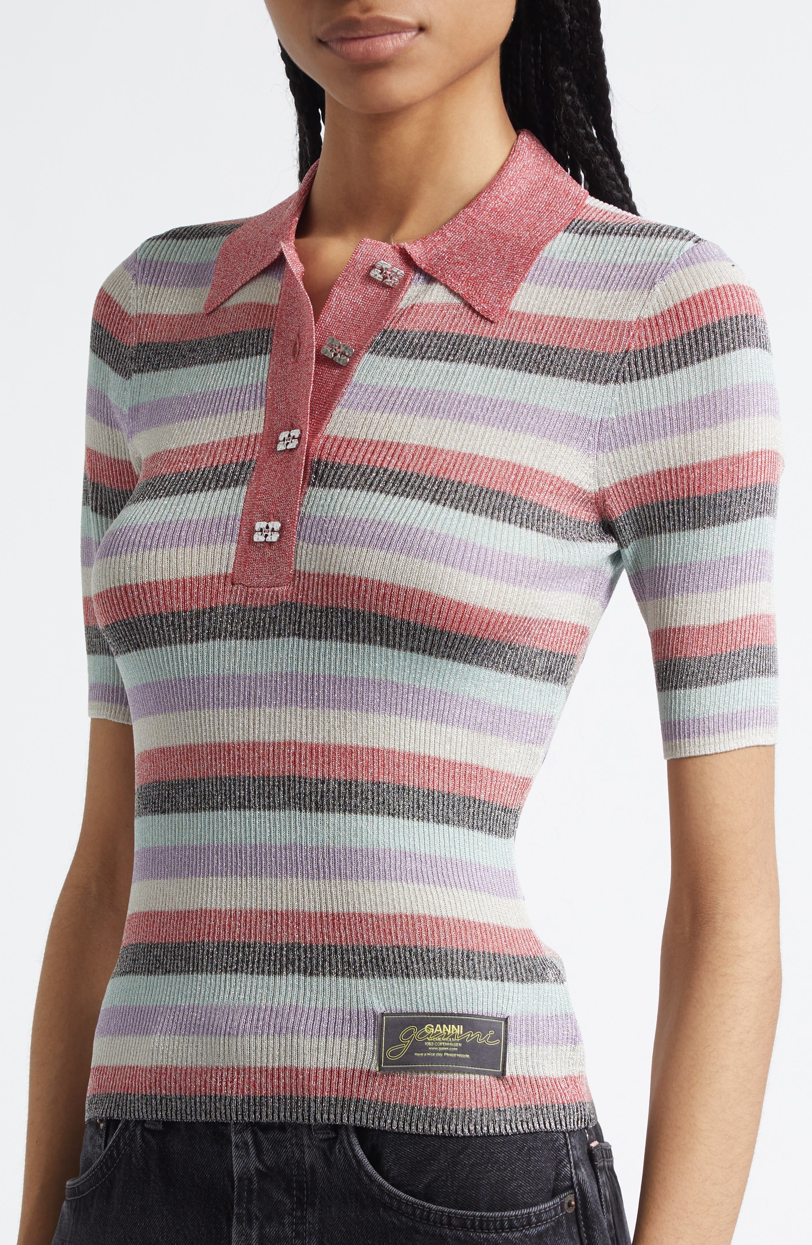 Ganni Sparkle Rib Stripe Polo in Multicolor at Nordstrom - 4