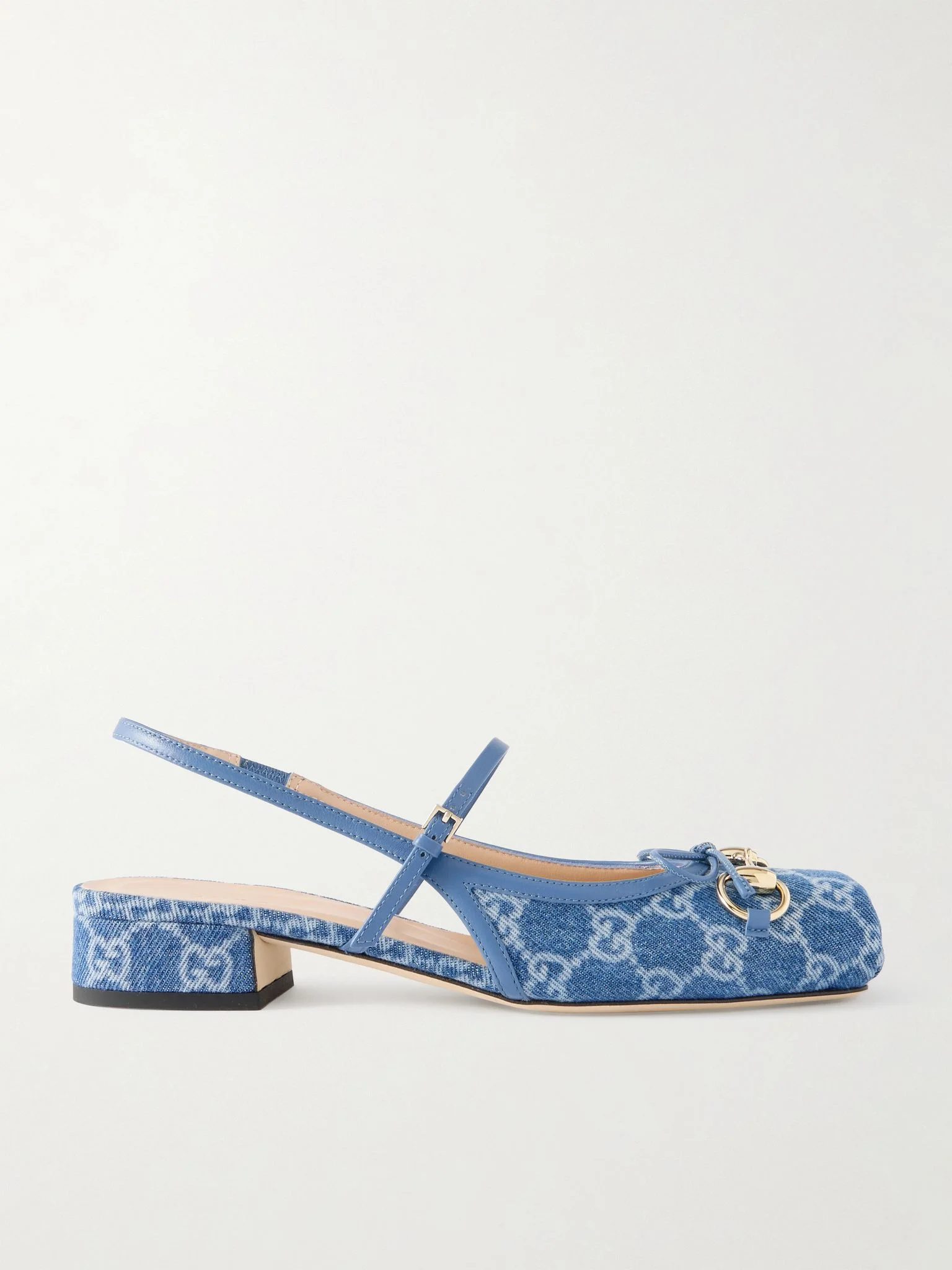 Horsebit-embellished denim-jacquard slingback sandals Blue - 1