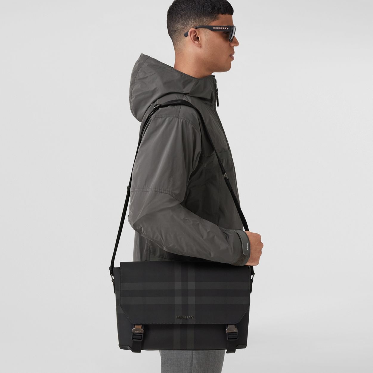 Charcoal Check and Leather Large Messenger Bag - 10