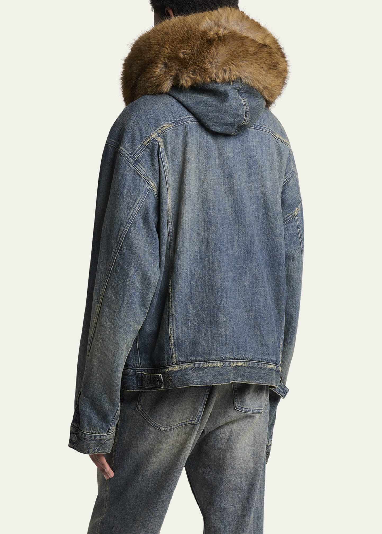 Men's Faux Fur-Trim Hooded Denim Trucker Jacket - 3