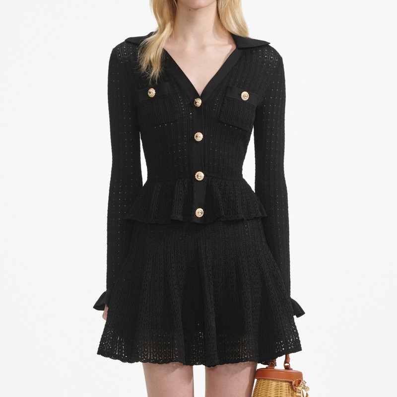 Black Pointelle V Neck Knit Mini Dress 4