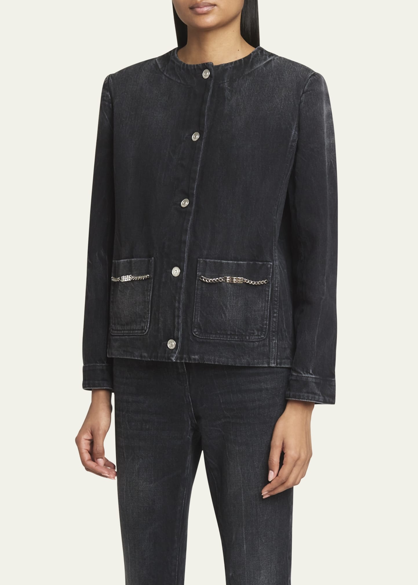 Collarless Button-Front Denim Jacket - 4