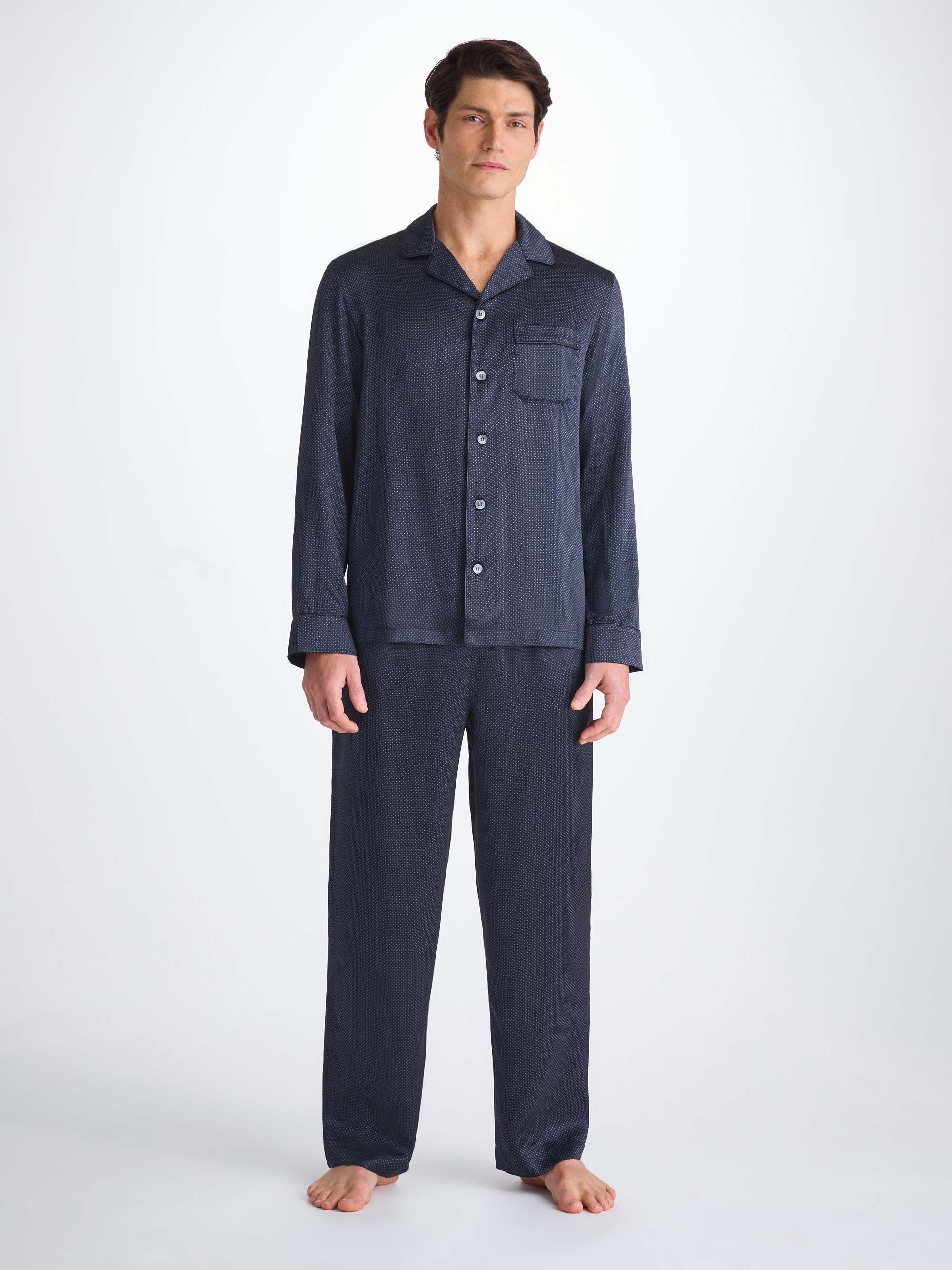 Men's Pajamas Silk Satin Navy Micro Dot Print - 3