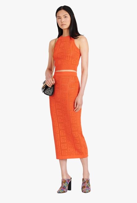 Mid-length dark orange eco-designed knit skirt with Balmain monogram - 2