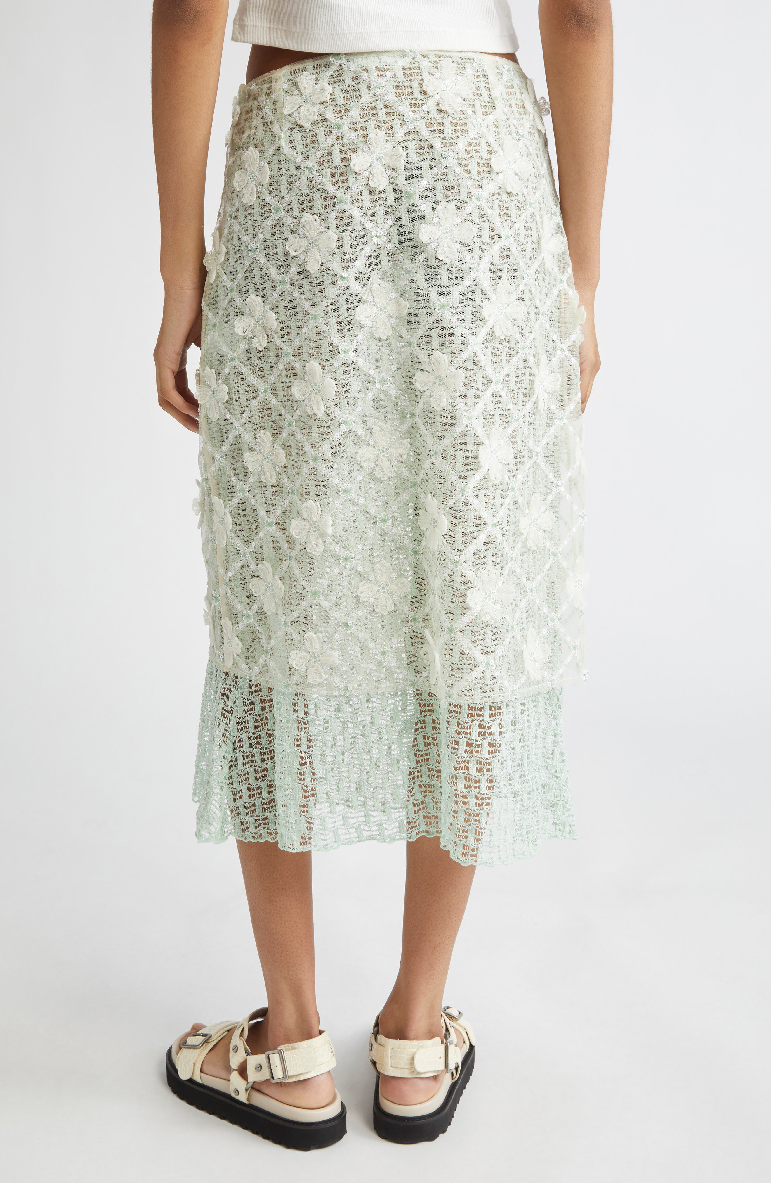 Siedrés Lunies Floral Appliqué Sheer Lace Midi Skirt in Green Multi at Nordstrom - 3