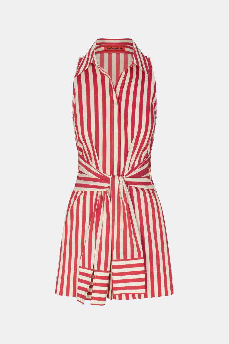 SIMONMILLER Inna Sleeveless Poplin Mini Dress in Venetian Red Stripe outlook