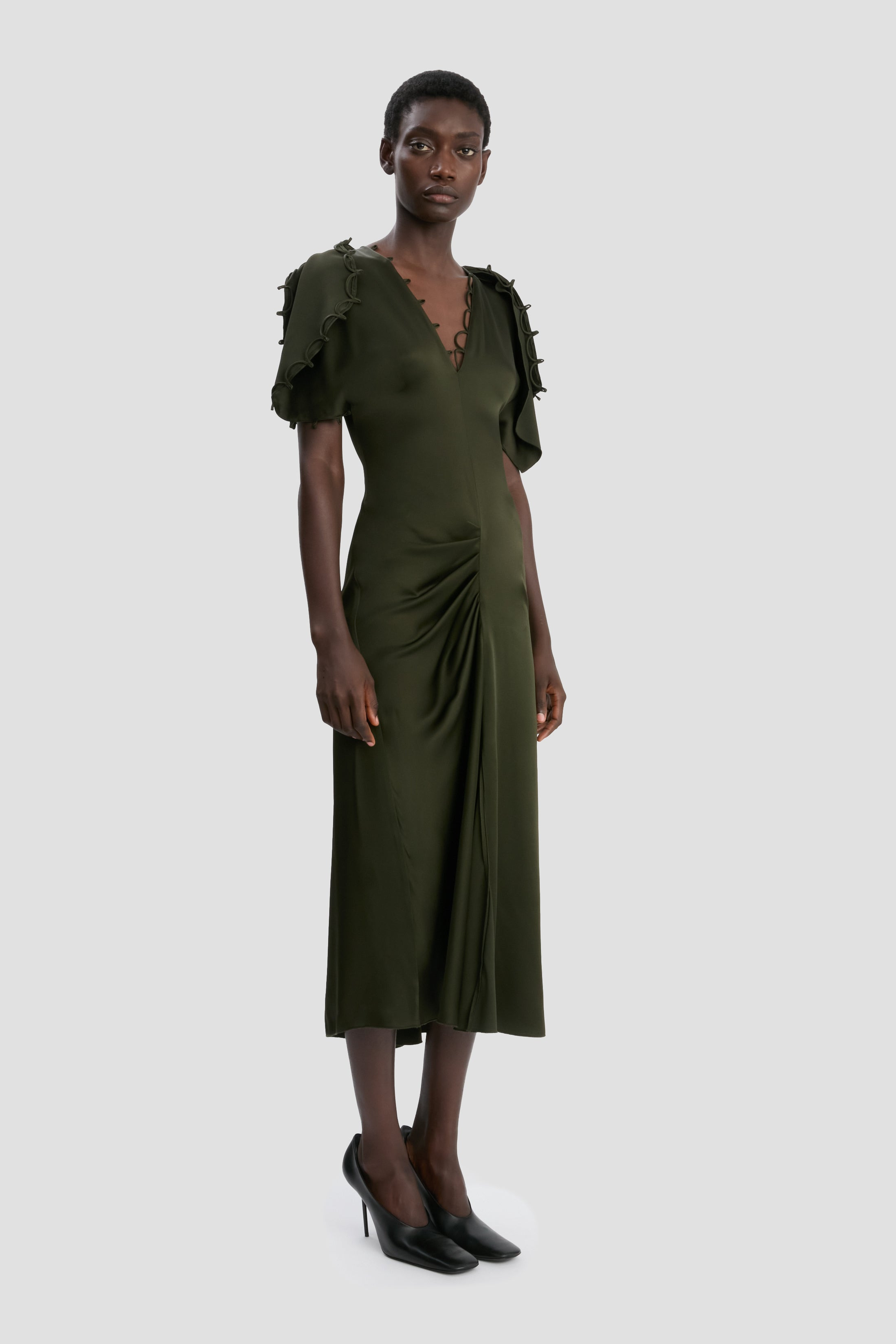 Rouleaux Detail Midi Dress In Dark Olive - 3