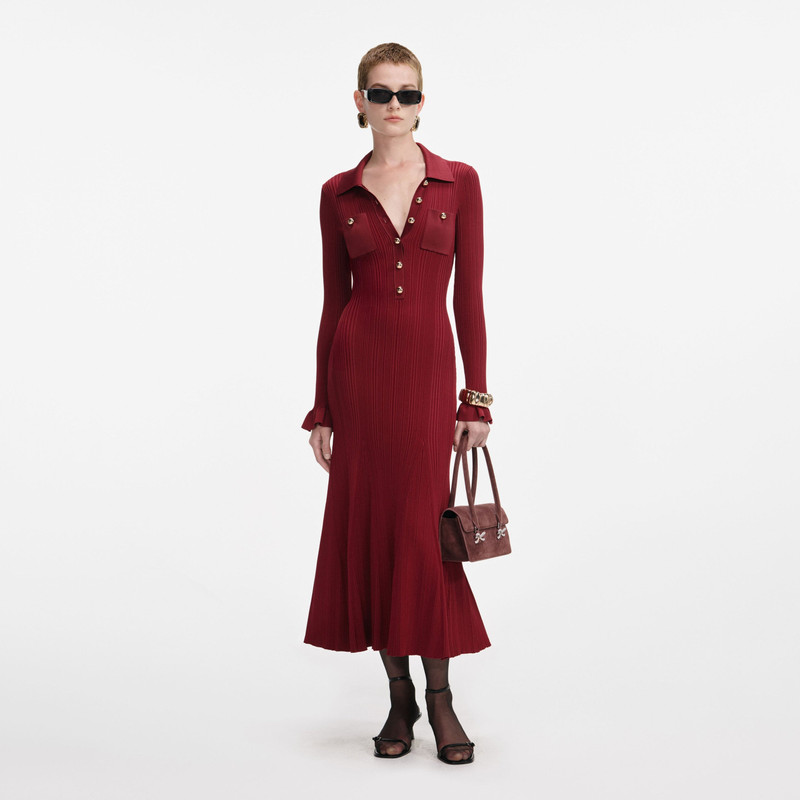Burgundy Ribbed Knit Midi Dress - 1