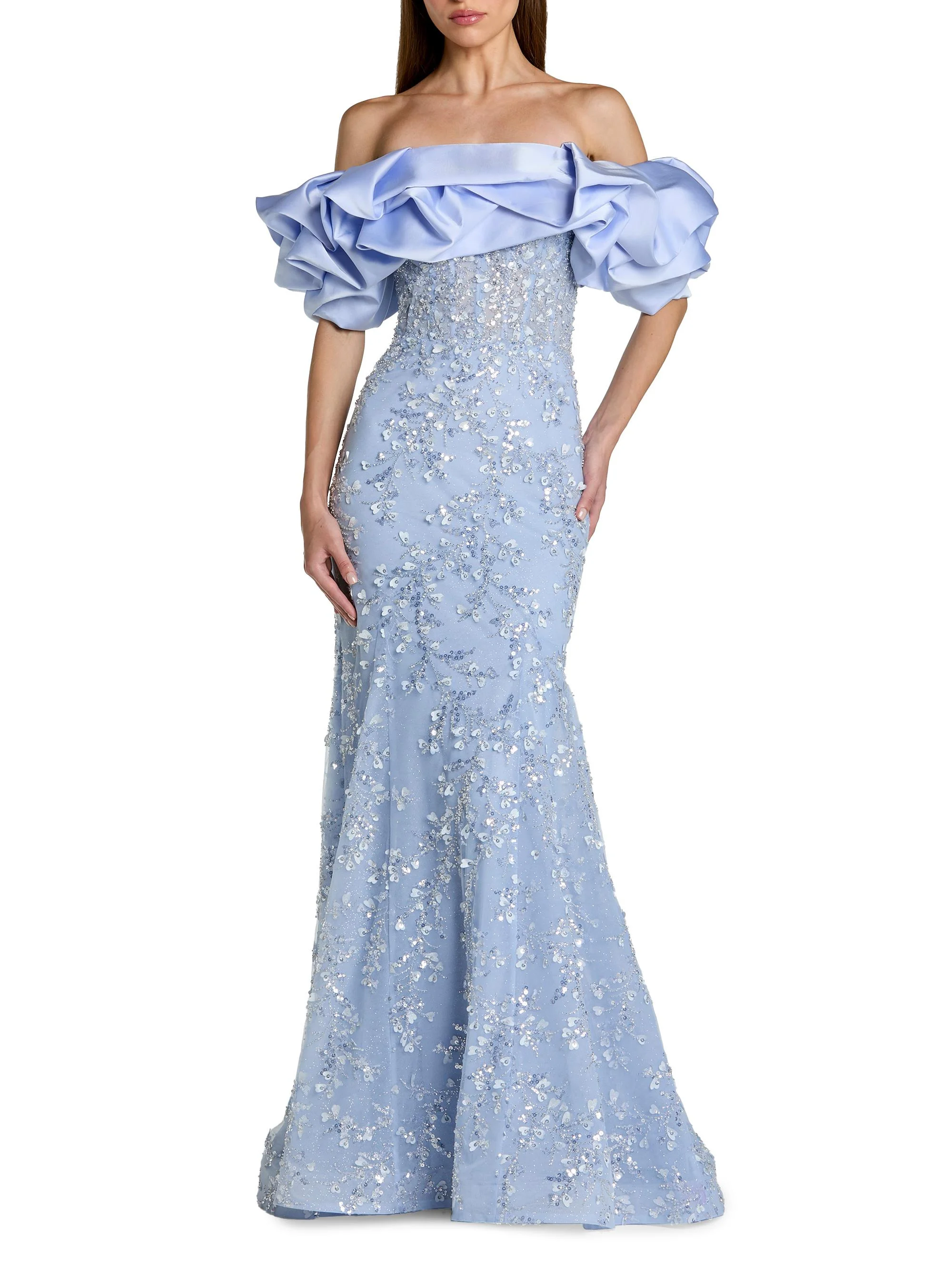 Women's Evening Beaded Appliqué Off-The-Shoulder Mermaid Gown - Periwinkle - 1