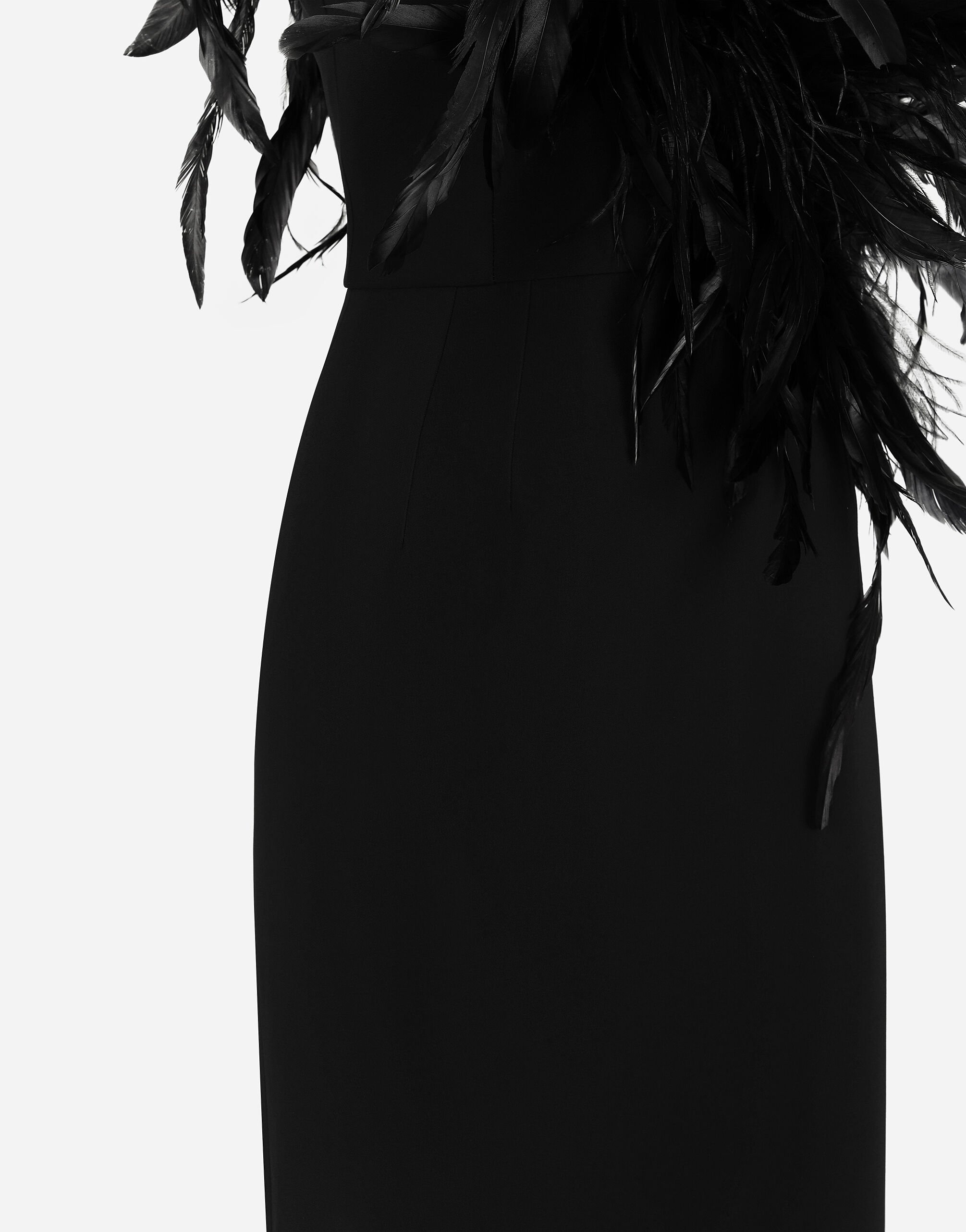 Long one-shoulder stretch cady dress with feathered neckline - 8