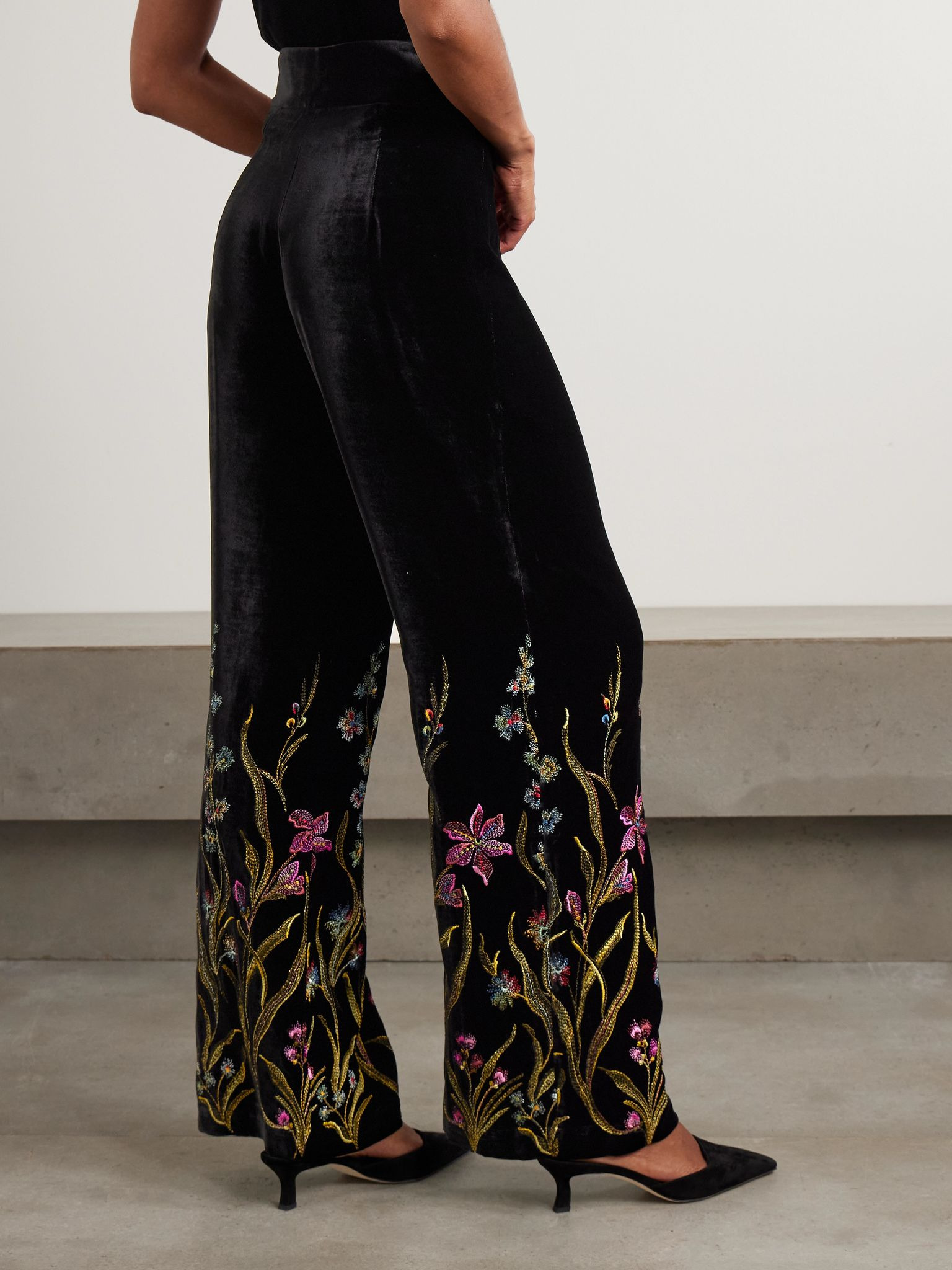 Cipro embroidered velvet straight-leg pants Black - 4