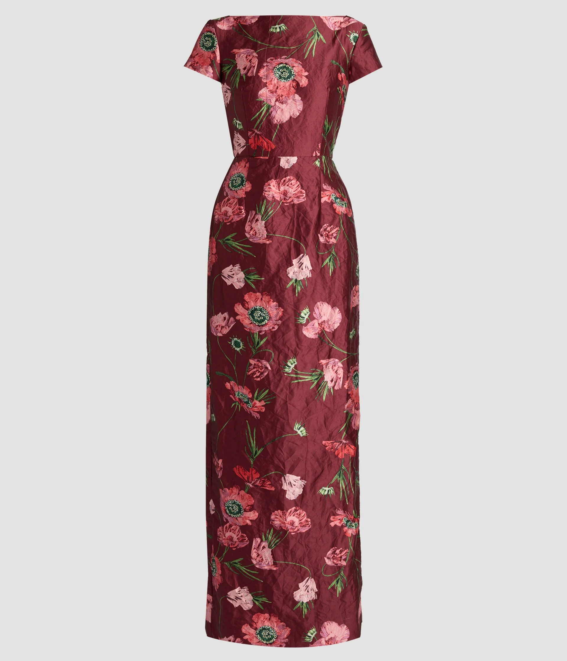 FLORAL TEXTURED SATIN SHORT SLEEVE GOWN - 1