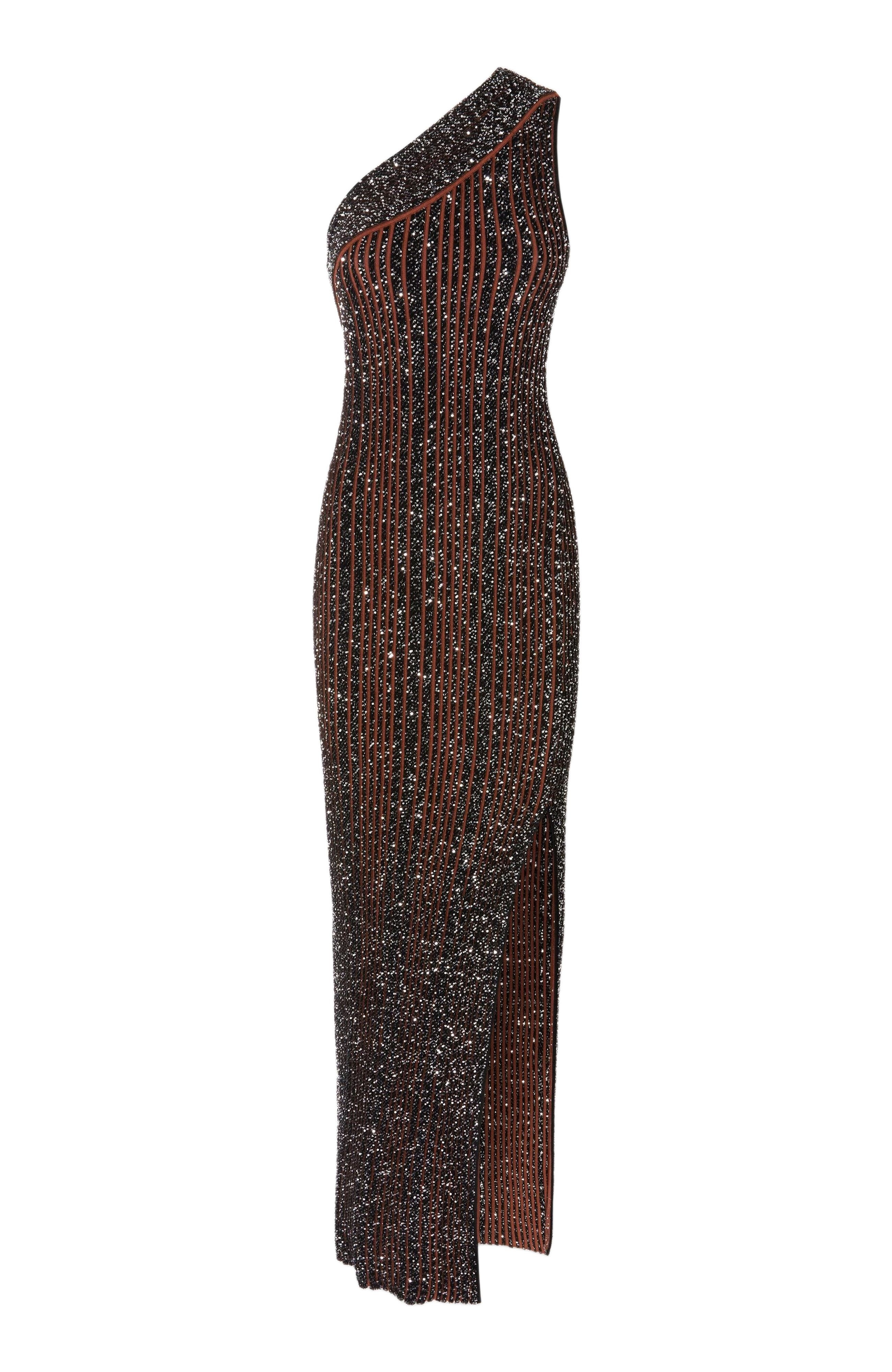 Missoni Long One-shoulder Ribbed Dress With Sequins And Slit in Black & Brown at Nordstrom - 2
