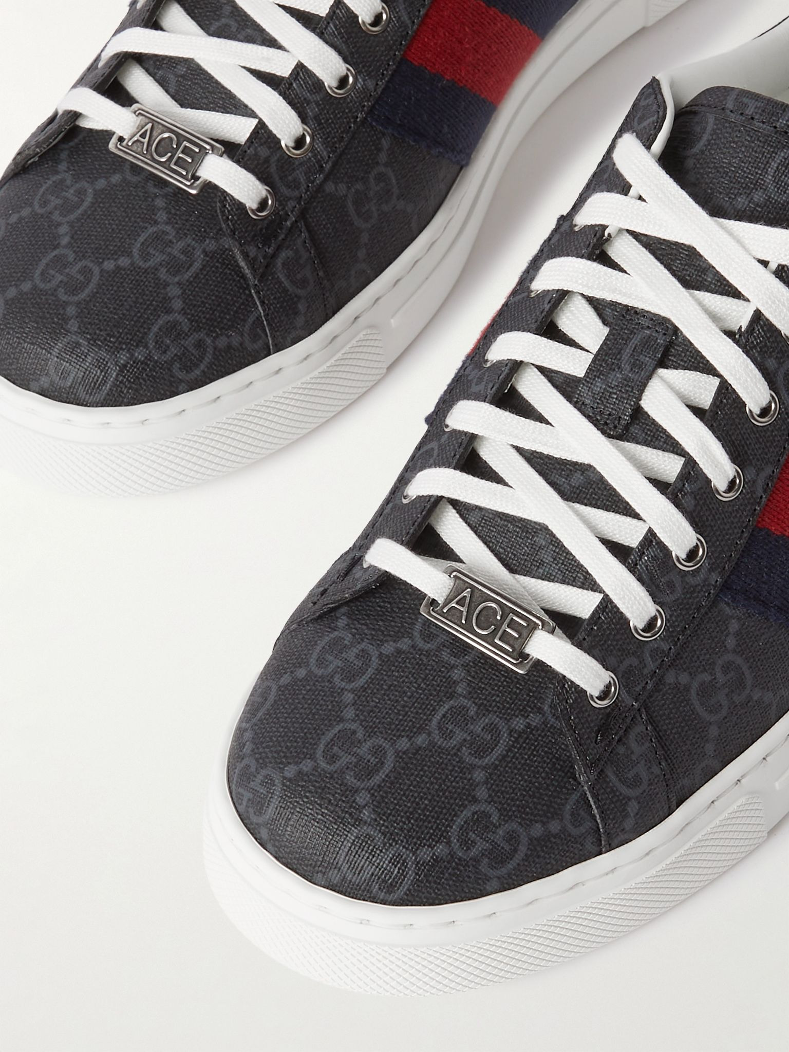 Ace Leather and Webbing-Trimmed Monogrammed Supreme Coated-Canvas Sneakers Black - 6