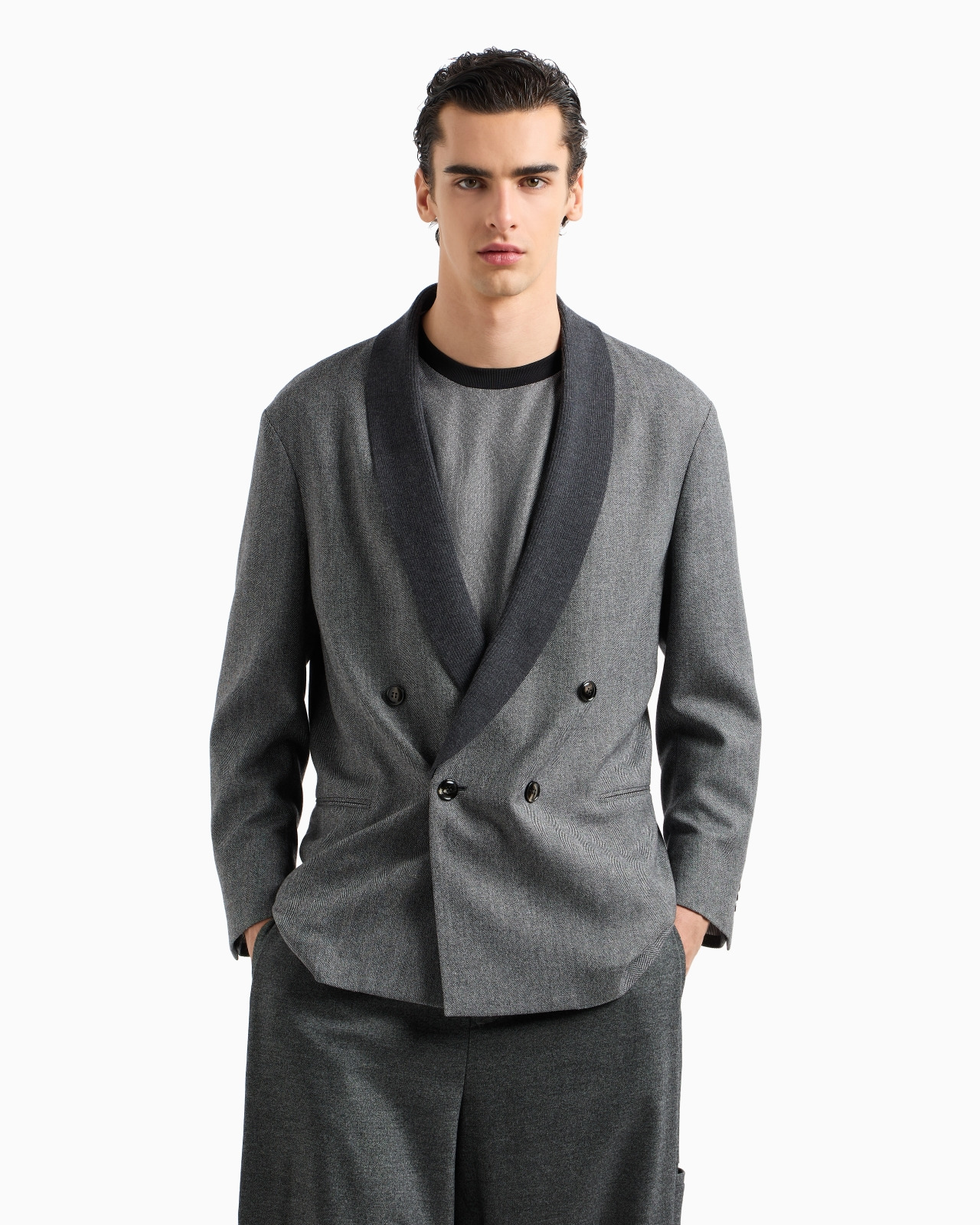 DOUBLE-BREASTED JACKET IN CHEVRON WOOL AND CASHMERE - 4
