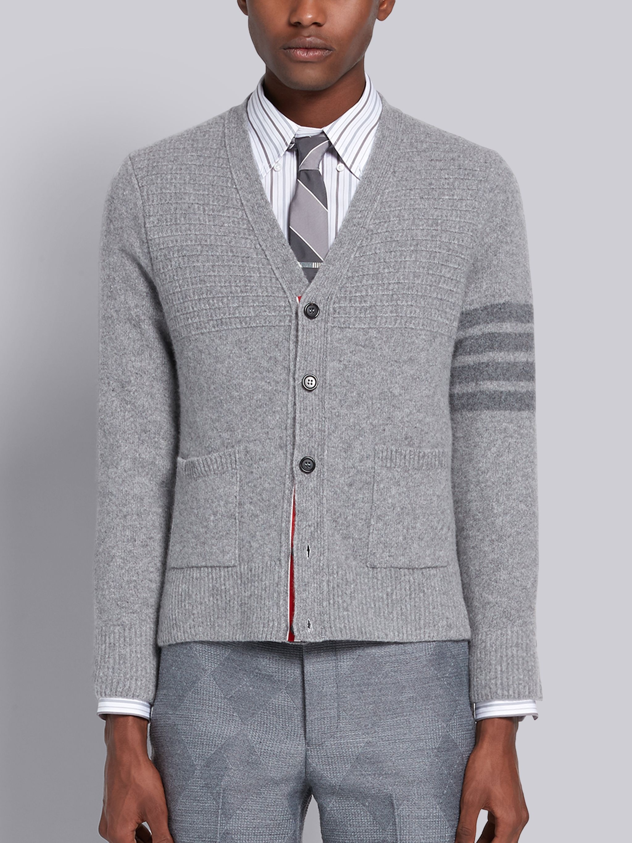 Light Grey Overwashed Wool Cashmere Variegated Cardigan Stitch Tonal 4-Bar V-neck Cardigan - 1