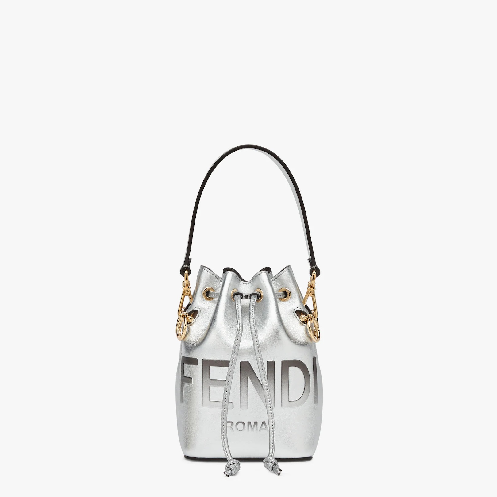 Small Mon Tresor bucket bag in silver leather, with hot-stamped graduated FENDI ROMA print. Lined in - 1