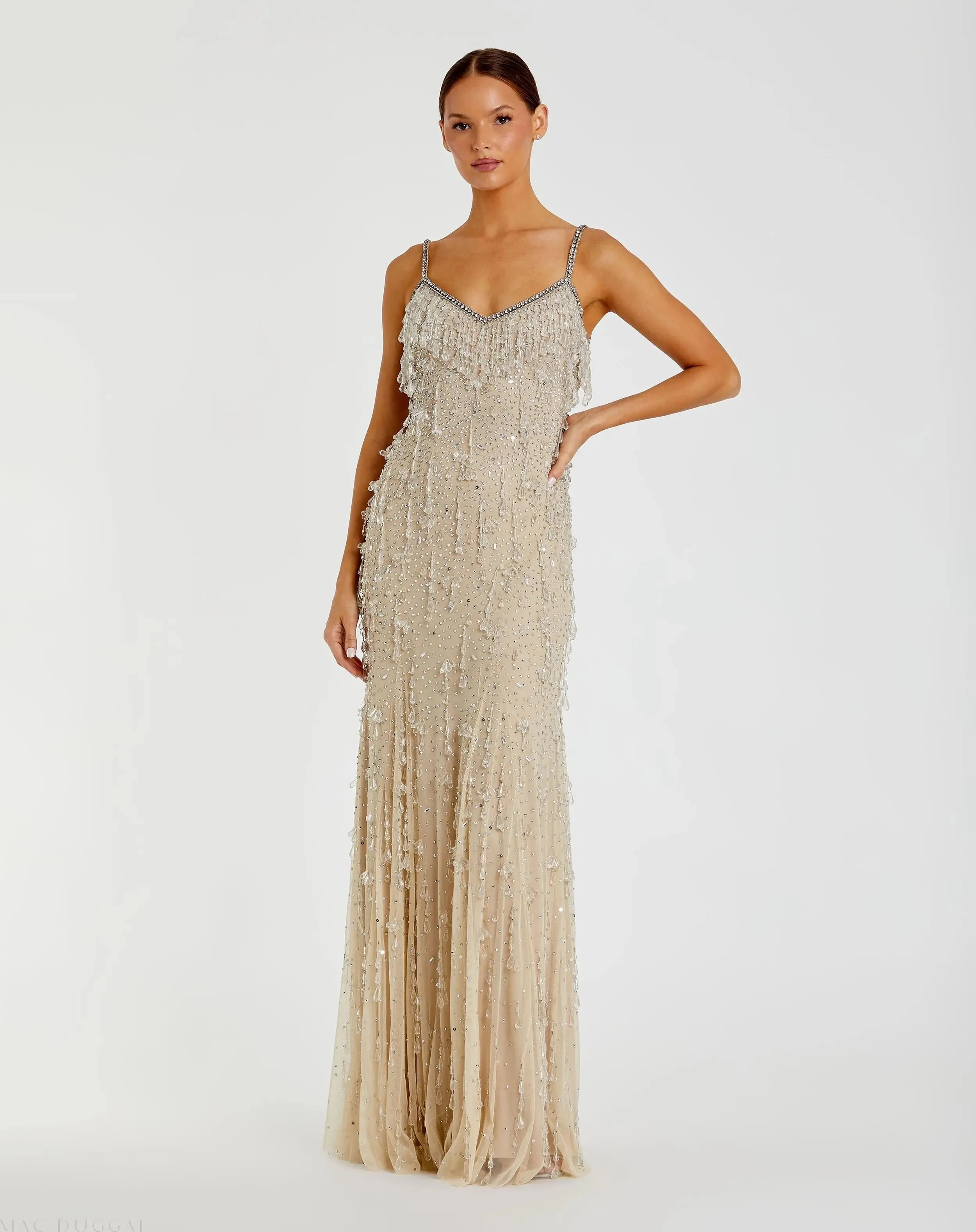 Beige V-Neck Column Gown with Fringe Embellishments - 1