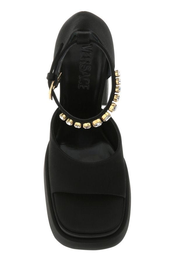 サンダル・ミュール VERSACE Black satin Medusa Aevitas sandals Medusa Aevitas embellished platform sandals in black
