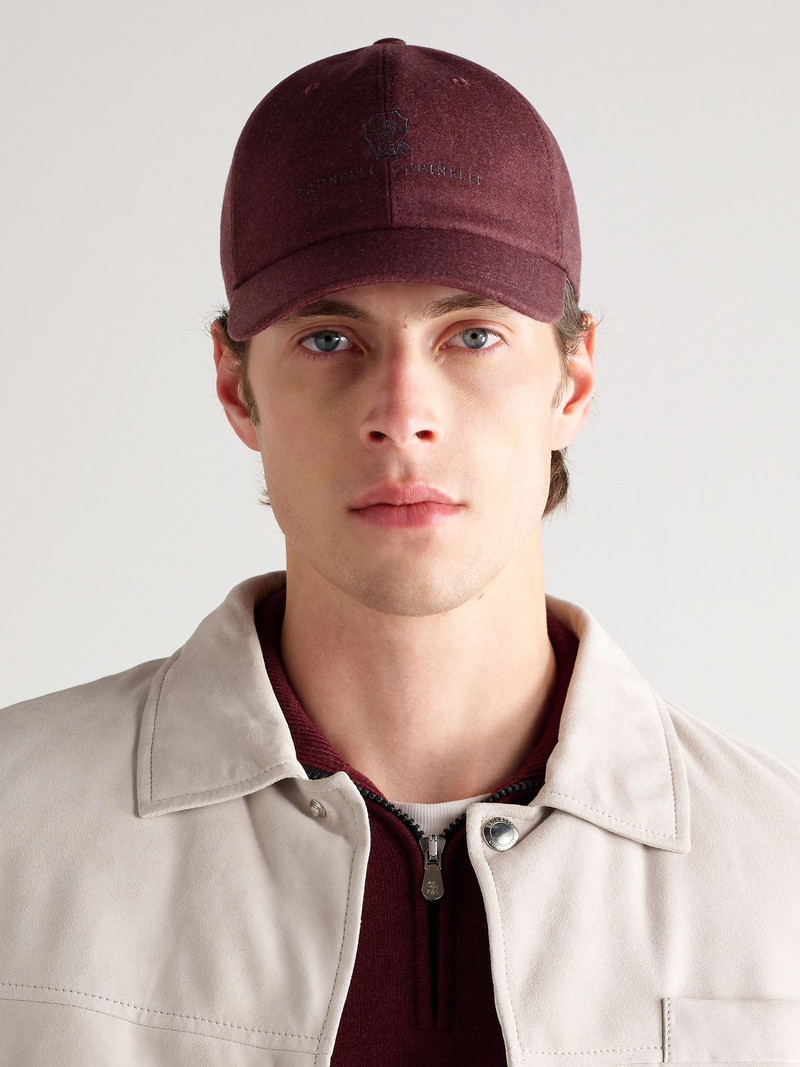 Brunello Cucinelli Logo-Embroidered Leather-Trimmed Wool-Flannel Baseball Cap Burgundy outlook