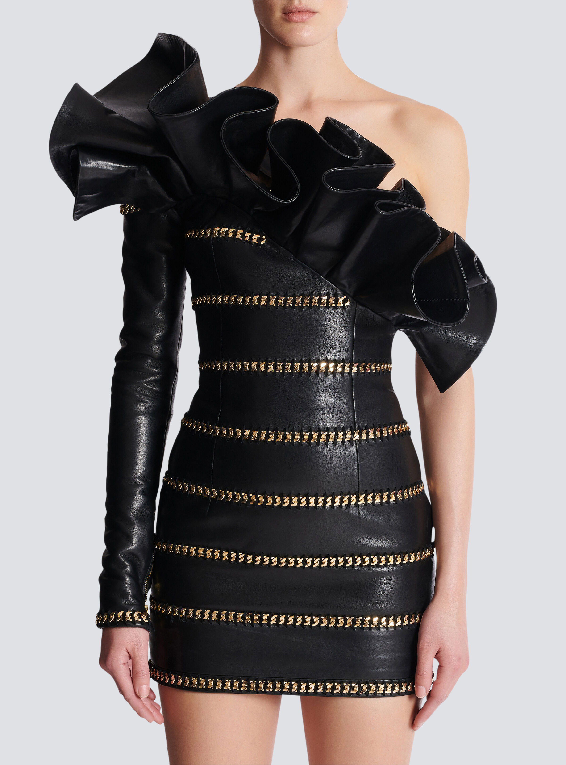 Asymmetric leather bodycon dress with chains - 5