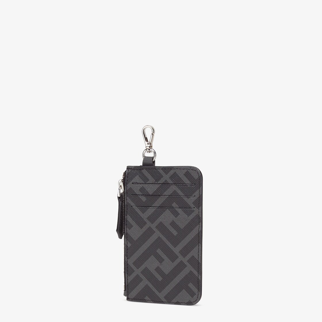 Card holder with clip and purse. Made of textured fabric with gray and black FF motif. Embellished w 2