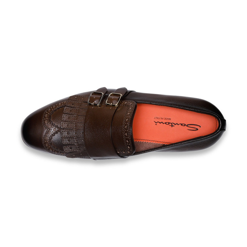 Men’s brown leather double-buckle loafer with fringe 5