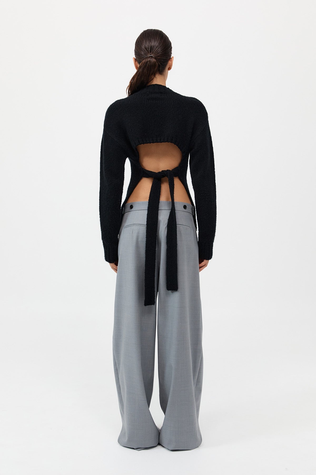 Wool Cashmere Blend Tie Back Jumper - Black - 6