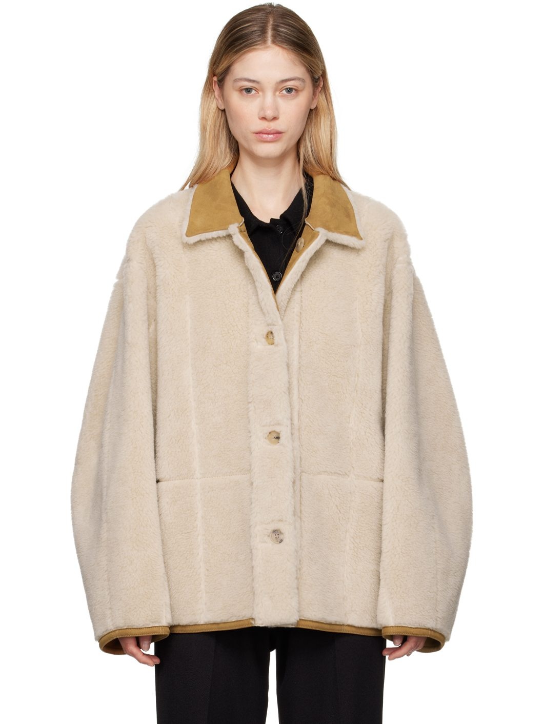 Tan Spread Collar Faux-Shearling Jacket - 1