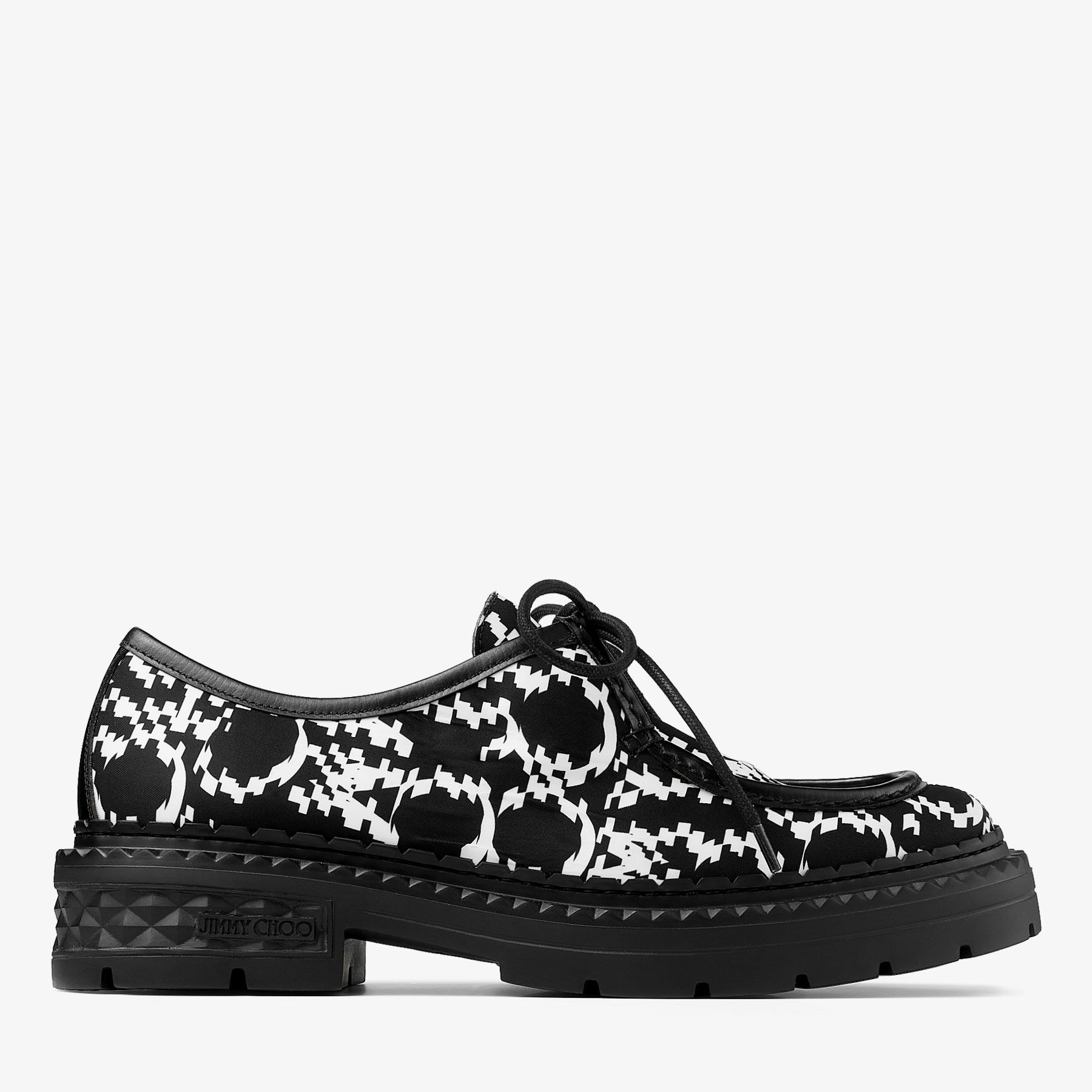 Marlow Moccasin
Black and White Nylon Moccasins with Distorted Jimmy Choo Print - 1
