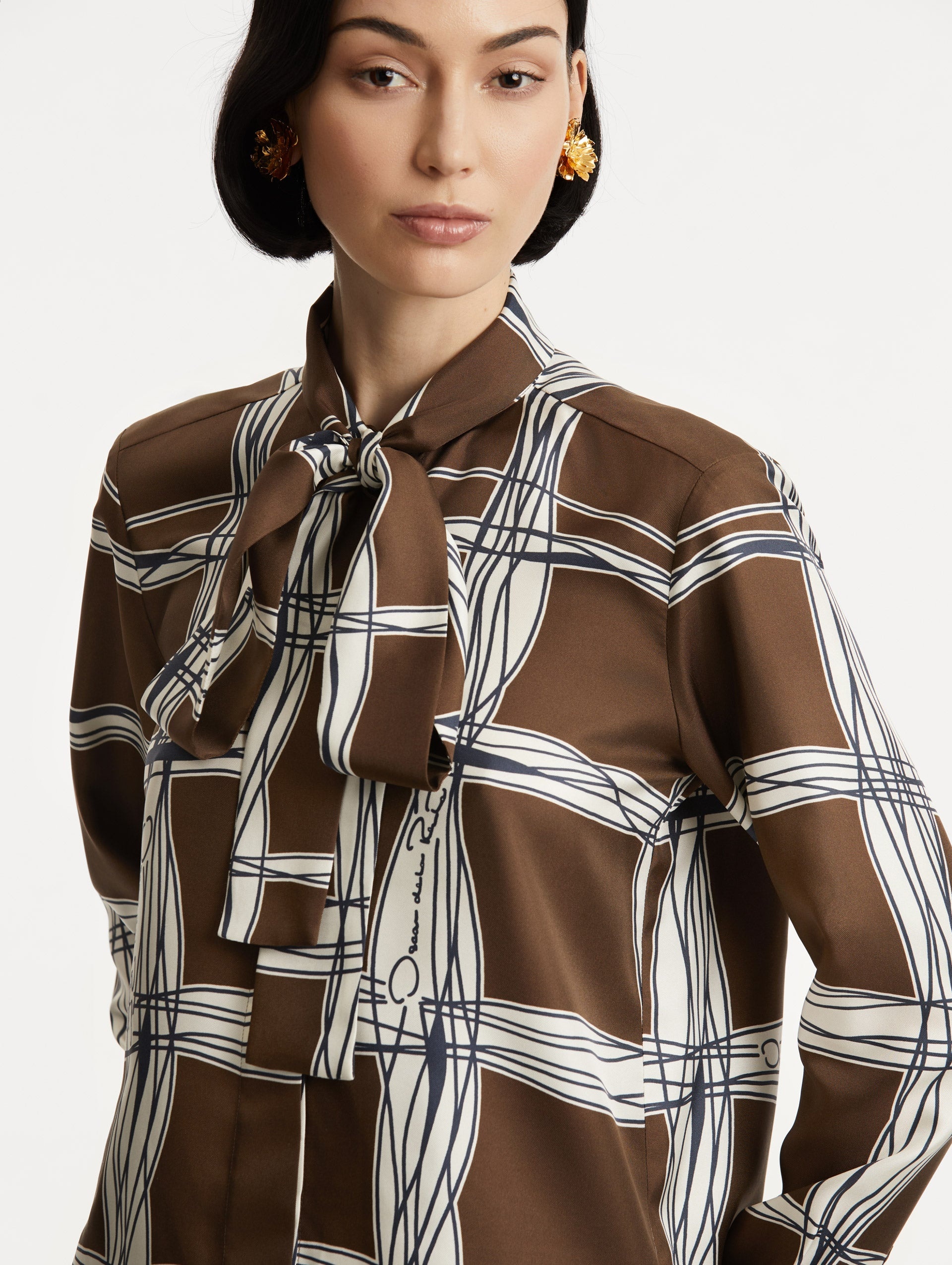 WAVY PLAID SILK TWILL BLOUSE - 5