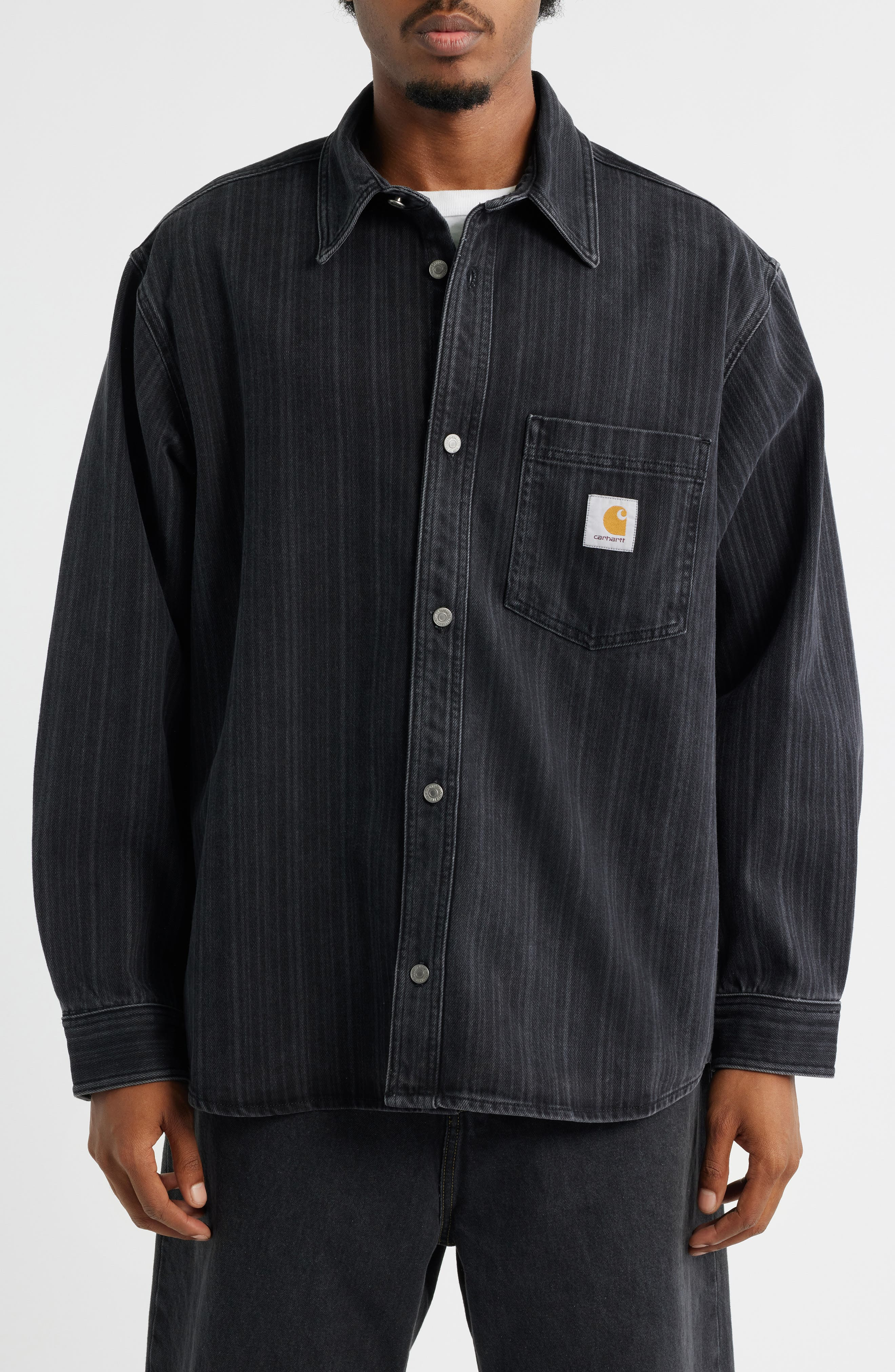 Carhartt Work In Progress Rylan Stripe Cotton Denim Button-Up Shirt Jacket in Rylan Stripe Black at  - 4