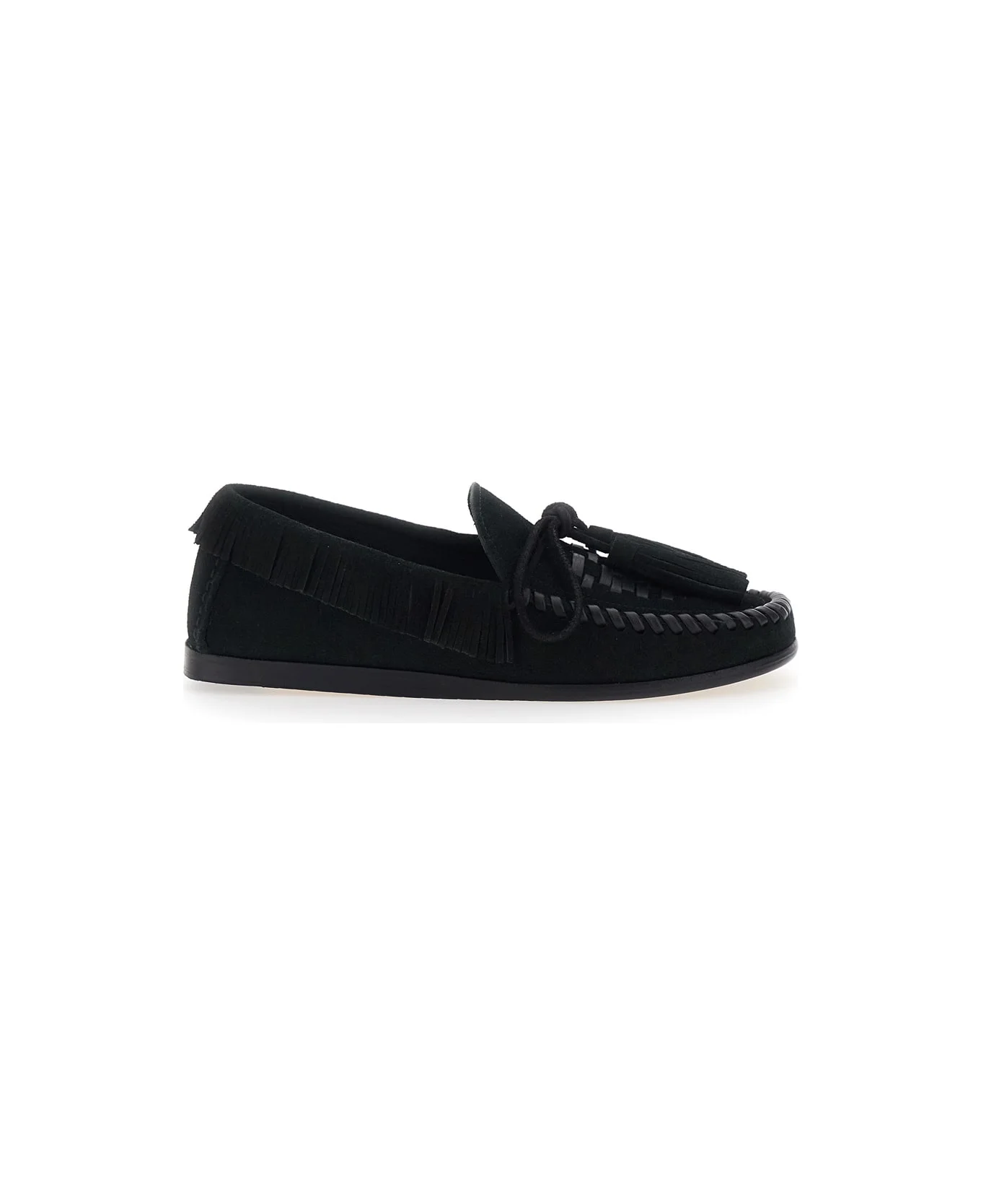 'fitza' Black Loafers With Fringed Details And Front Bow In Suede Woman - 1