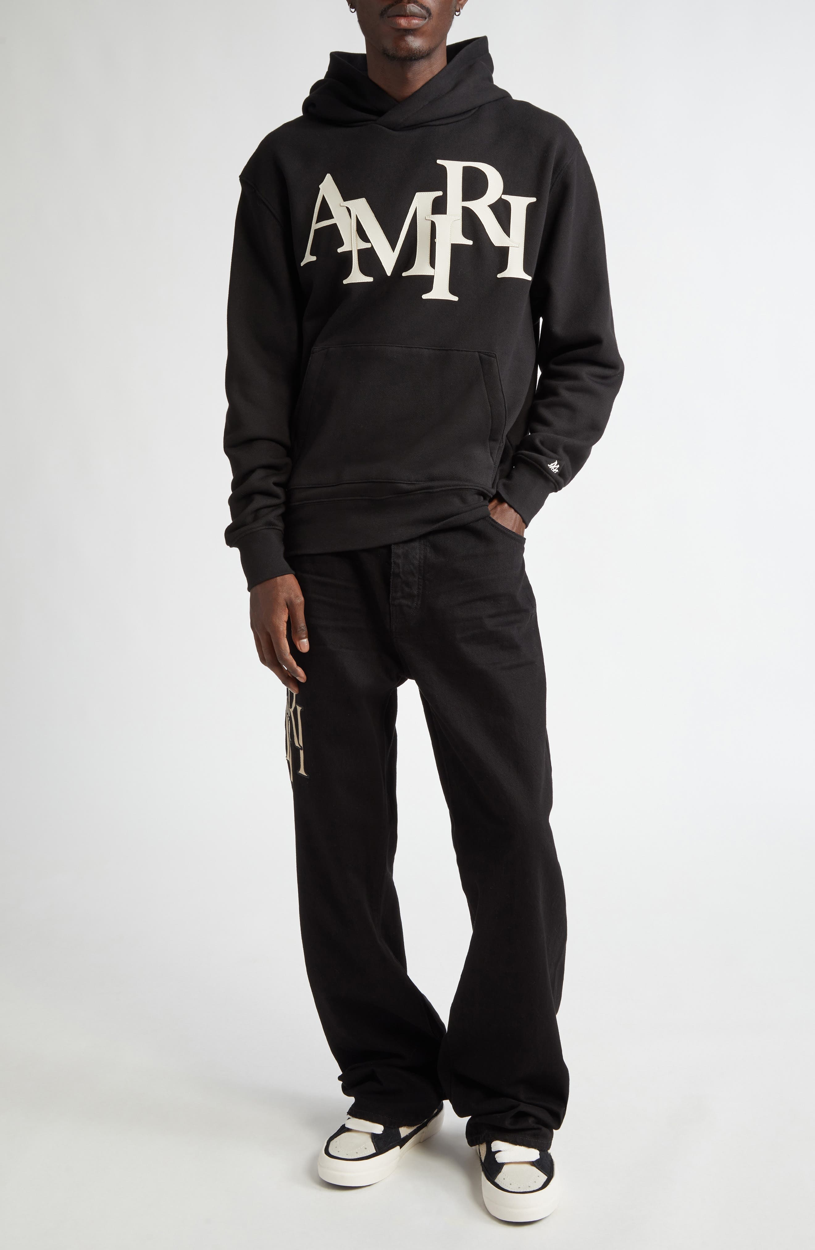 AMIRI Staggered Logo Nonstretch Denim Straight Leg Jeans in Black Od at Nordstrom - 2